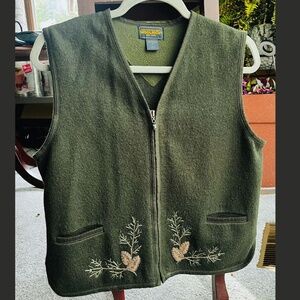 Woolrich Full Zip Wool Vest Embroidered Pine Cones Loden Green Women’s Size Med